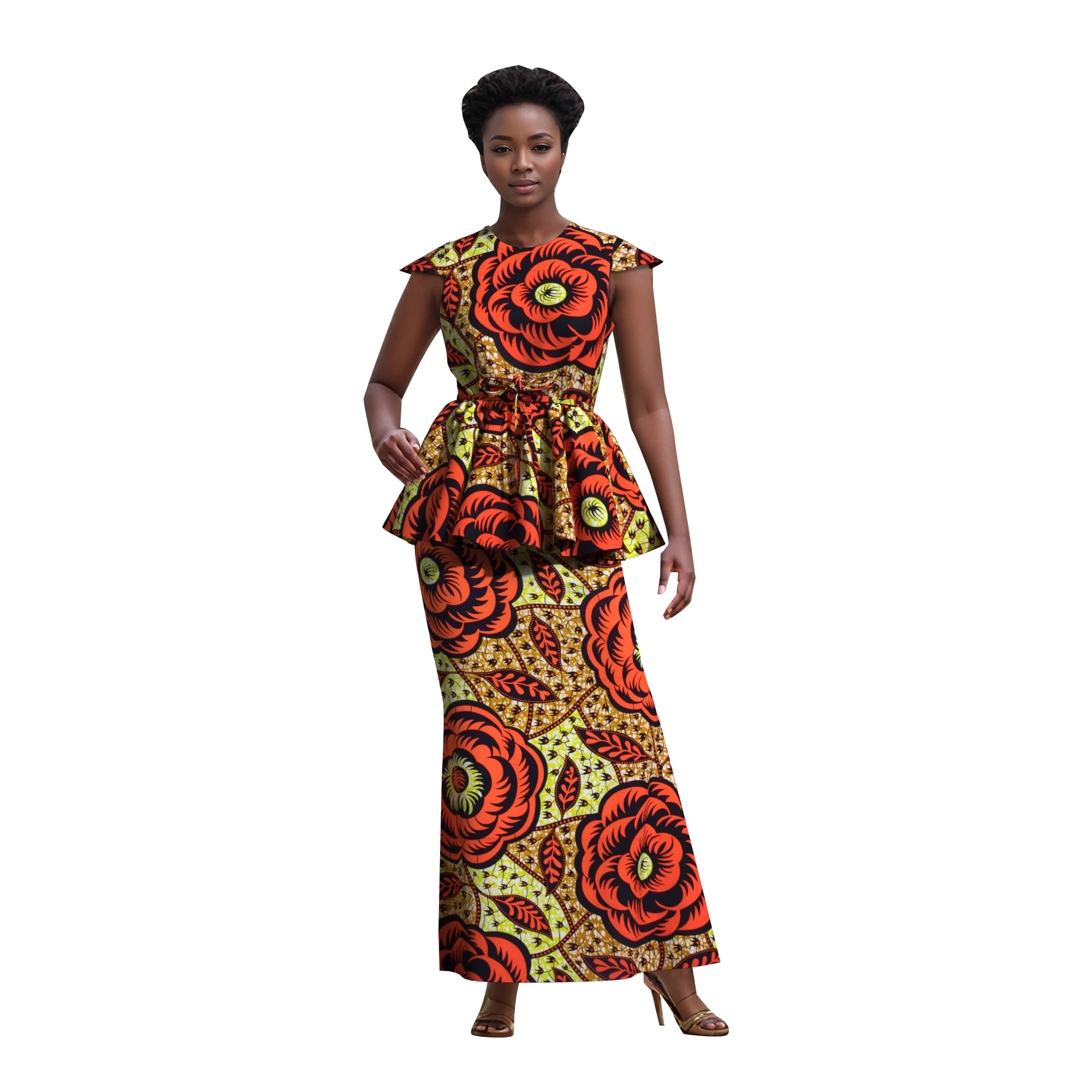 Фото Костюм BintaRealWax Kente Geometric Africa из двух предметов: топ с рукавами-крылышками и завязками на талии, пэплум-топ, макси-юбка, женский деловой костюм WY10558 №2