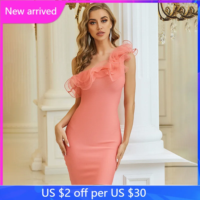 

Spring Party Dress Pink Sweet Temperament Ruffle One Shoulder Sleeve Mesh Bodycon Mini Dress