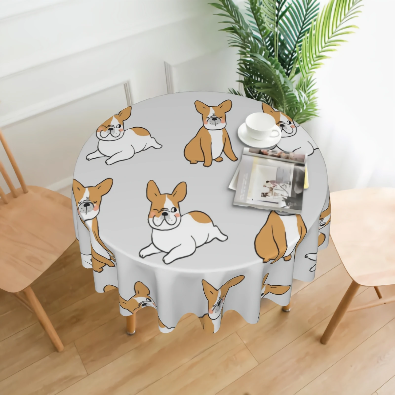 

Cute Bulldog In Different Posture Tablecloth Washable Funny Puppy Dogs Round Tablecloths Circular Table Cover Cloths for Holiday
