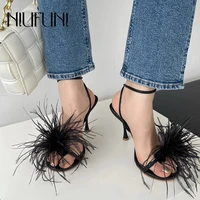 niufuni new high heels stiletto feather decoration buckle womens sandals summer fashion pumps solid color slingback dress shoes