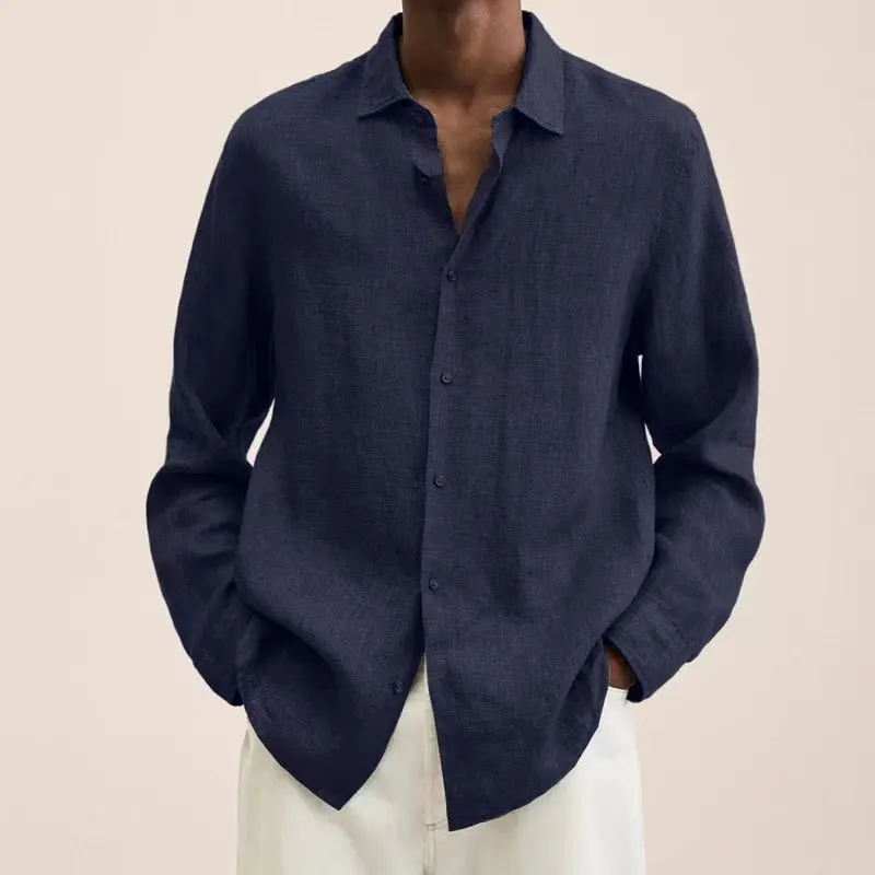 

2022 Spring Summer Casual Vintage Solid Color Shirts Men Turn-down Collar Buttoned Cardigan Top Mens Fashion Long Sleeve Shirt
