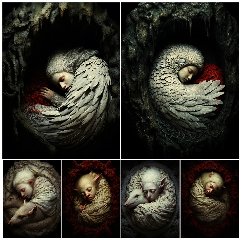 

Mysterious Creatures In Swaddling Clothes Vintage Wall Art Canvas Painting Siren Baby,Pig Elf Baby Art Poster And Print Decor