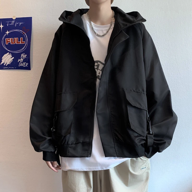 

Solid color large pocket work cardigan hooded jacket loose casual coat