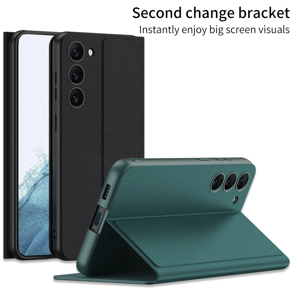 Luxury Leather Kickstand Phone Case For Samsung Galaxy S23 Ultra S23 Plus S23 Holder Support Wireless Charging Shockproof Funda