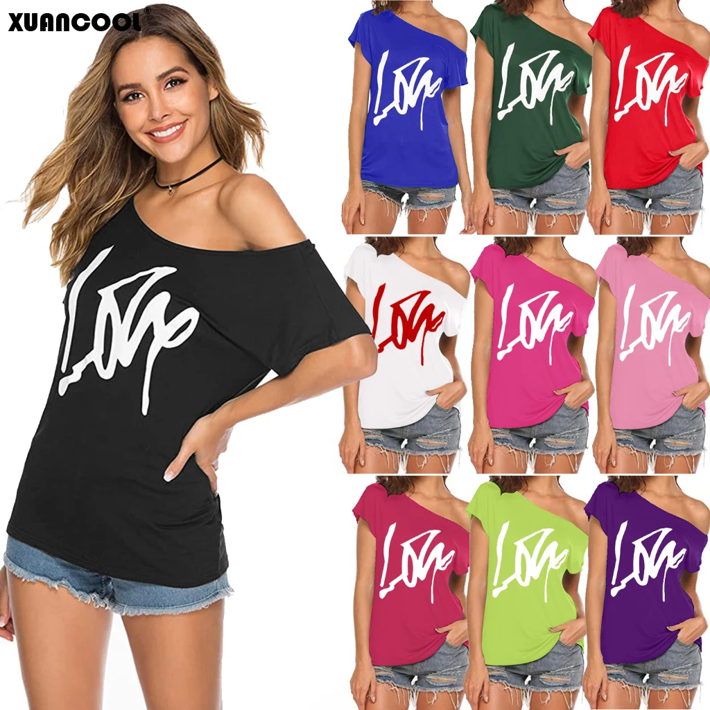 

XUANCOOL Slouchy Tops Shirts Women's Casual Short Sleeve Sexy Love Print Off Shoulder T-Shirt Top