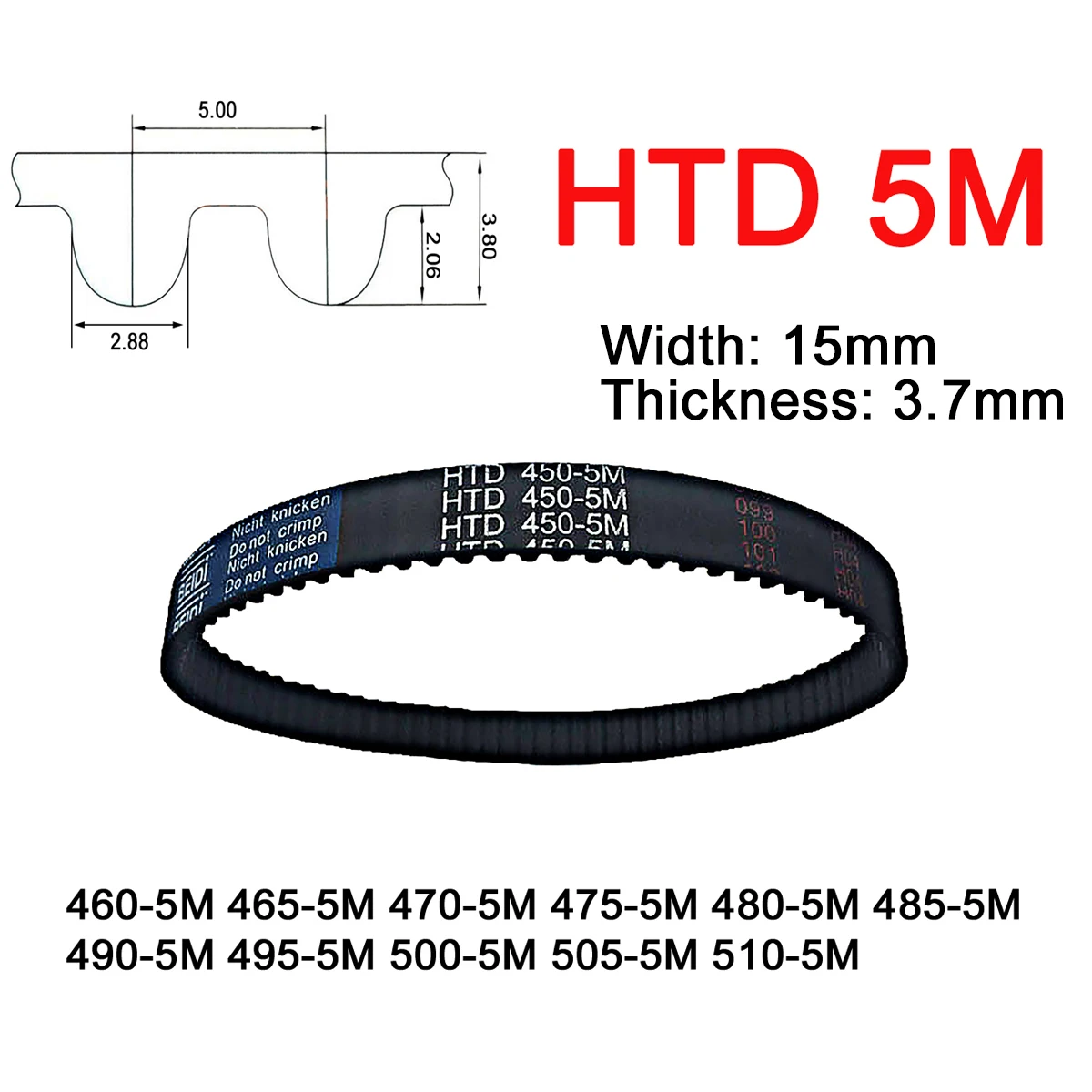 

1Pc Width 15mm 5M Rubber Arc Tooth Timing Belt Pitch Length 460 465 470 475 480 485 490 495 500 505 510mm Synchronous Belt