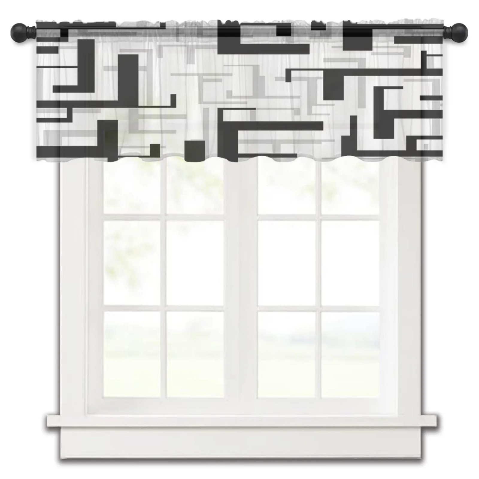 

Modern Art Geometry Black Grey Kitchen Small Curtain Tulle Sheer Short Curtain Bedroom Living Room Home Decor Voile Drapes