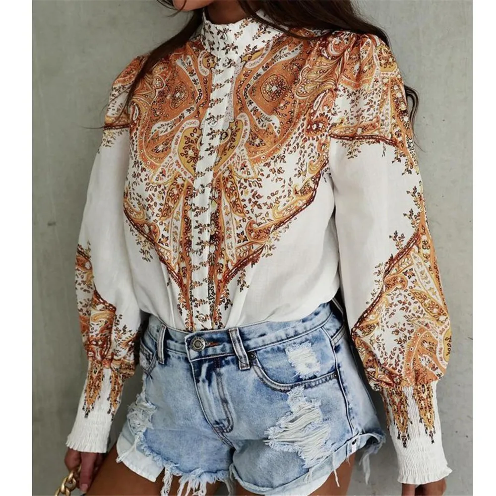 

Women's Blouse Stand Collar Court Style Position Print Button-Down Shirt Autumn Spring New 2022 Ladies Tops Female Clothing
