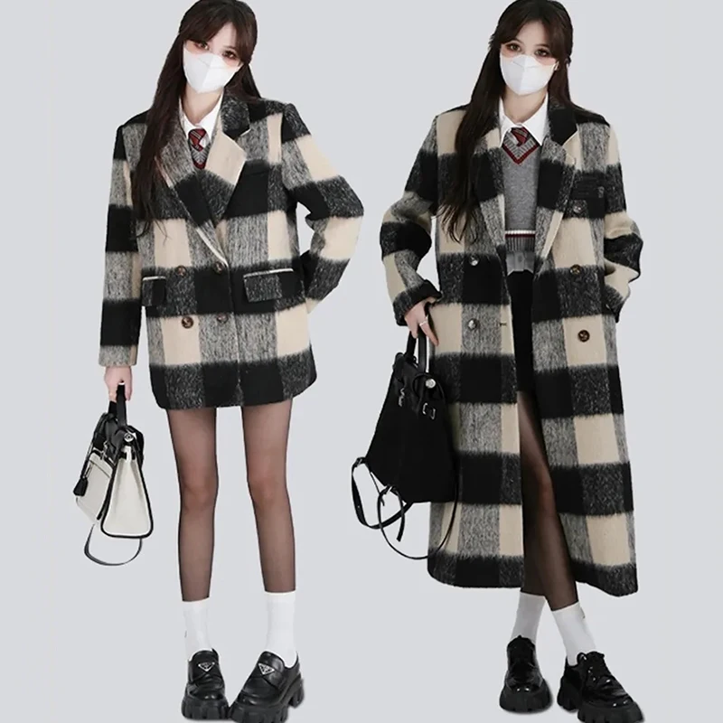 

Новое Женское винтажное шерстяное пальто в черно-белую клетку в полоску, демисезонное ветрозащитное пальто Parker, Женская Повседневная Длинн...