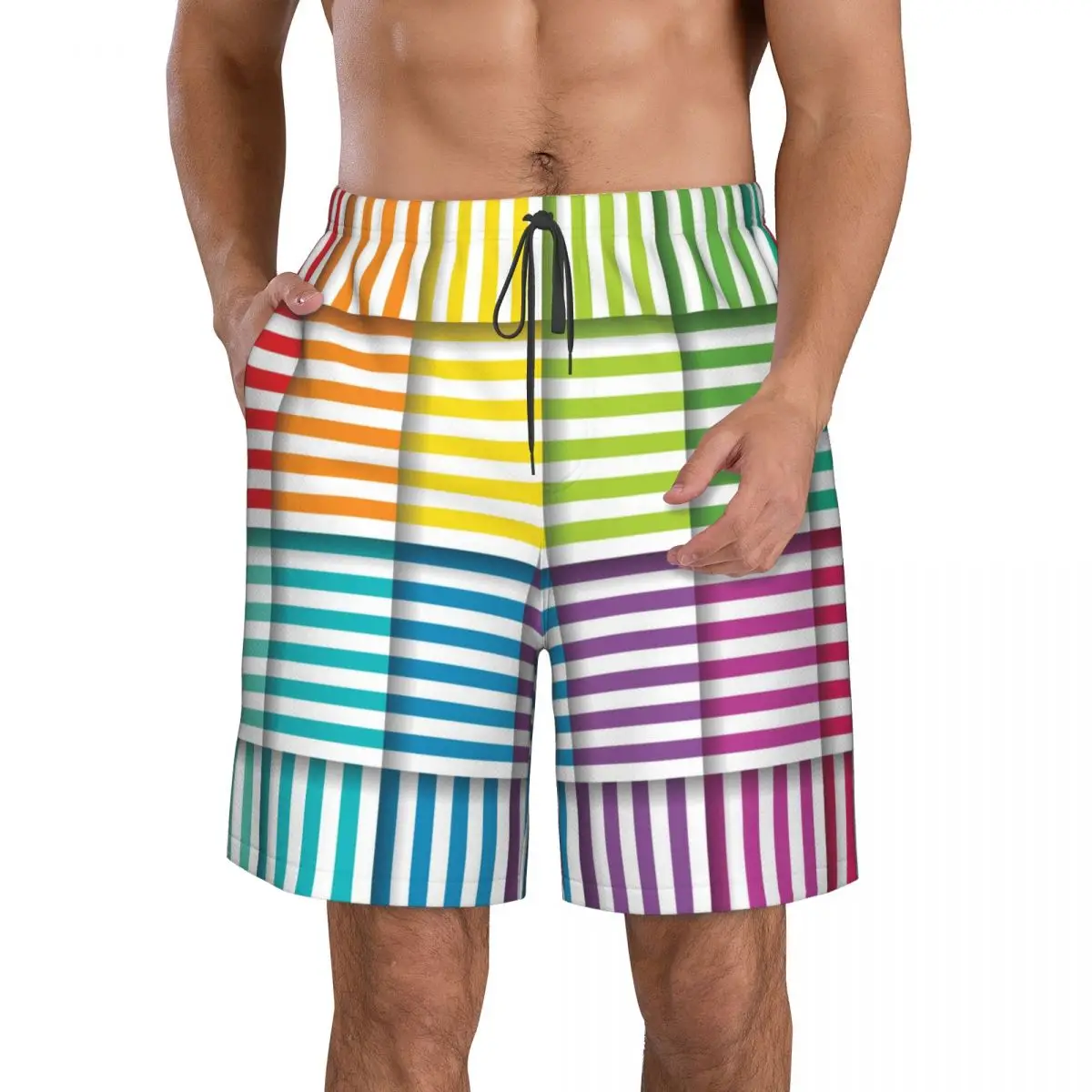 Quick Dry Summer Mens Beach Board Shorts Briefs For Man Swim Trunks Swimming Shorts Beachwear Bright Striped Pattern Vectors