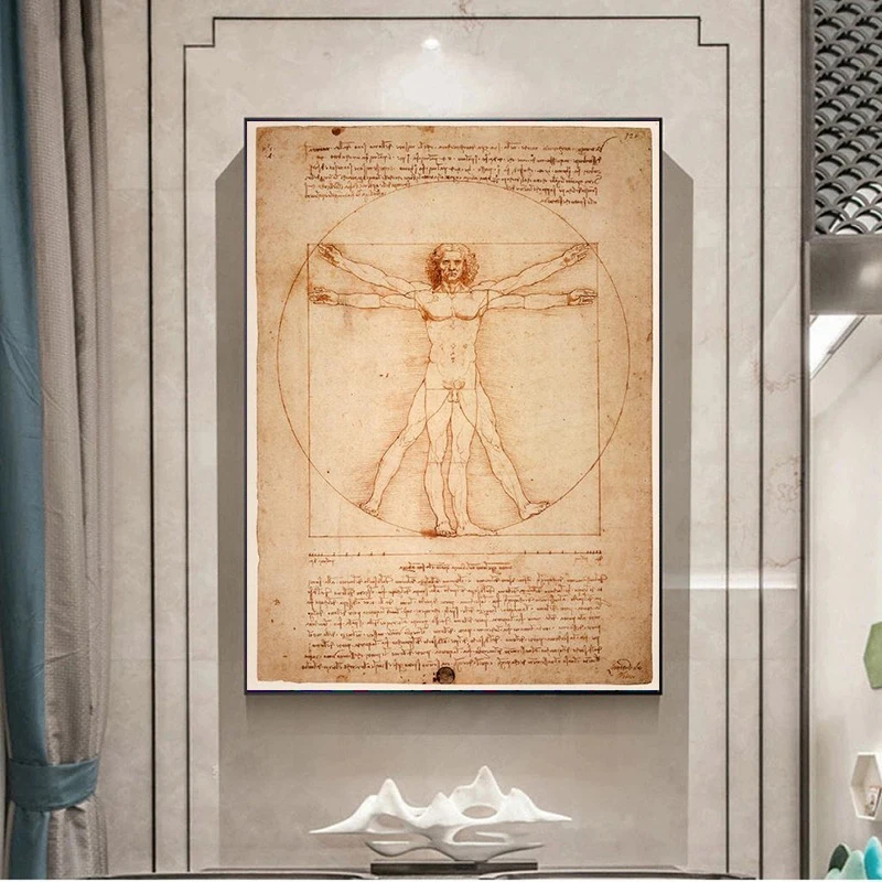 

Classical Canvas Painting Vitruvian Man Famous Drawing By Leonardo Da Vinci Vintage Poster Gallery Retro Wall Art Home Decor