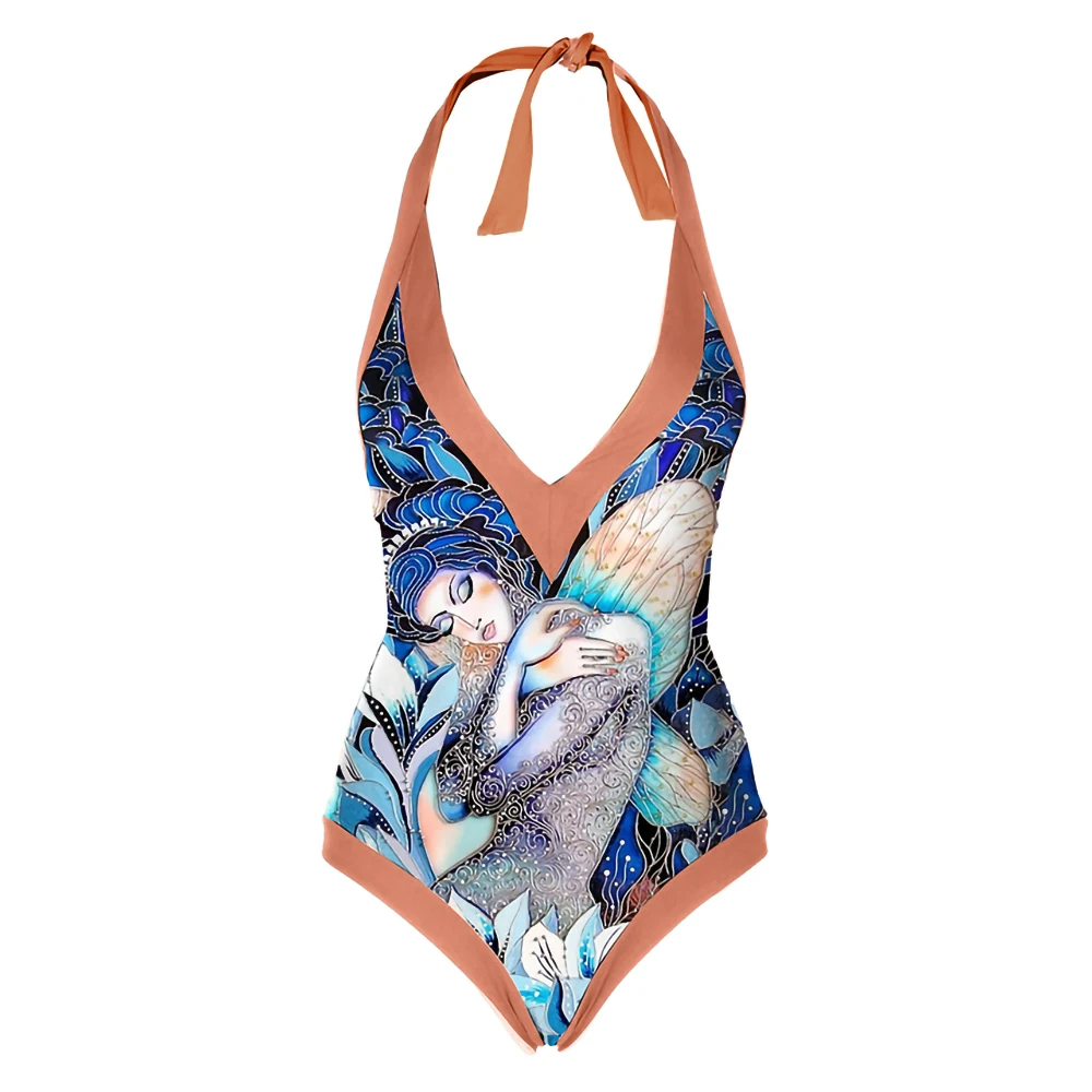 Colorblock Print Fashion Swimsuit Female V-Neck Sexy Gathered Bikini One Piece Slim Fit Elegant Halter Beachwear Strap Cover Up