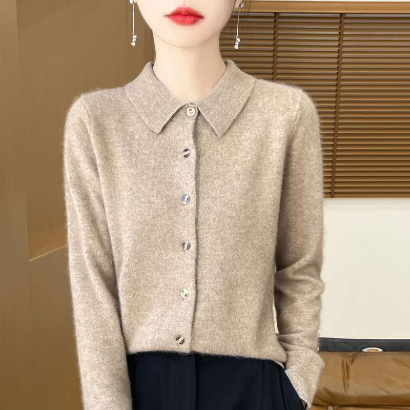 Женский Свитер Из Мериносовой Шерсти Кардиган С Воротником-поло Вязаное Теплое