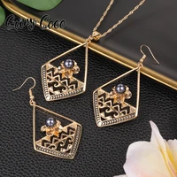 cring coco gold plated rhombus hollow carved flower necklace pendant earrings set hawaiian samoan pearl jewelry sets for women