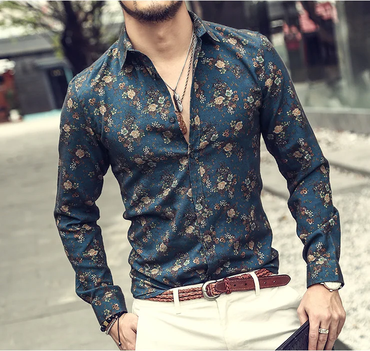 Mattswag 2022 Mens Navy Blue Vintage Flower Printed Shirts New Fashion Long Sleeve Shirts Casual Slim Fit Shirts Camisa Hombre