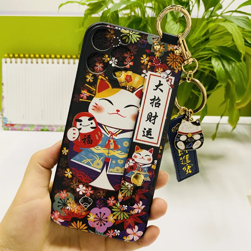 3D Emboss Lucky Cat Phone Case For iPhone X XS XR 11 12 13 14 Pro MAX 7 8 Plus Soft Back Cover Wrist Strap case Coque