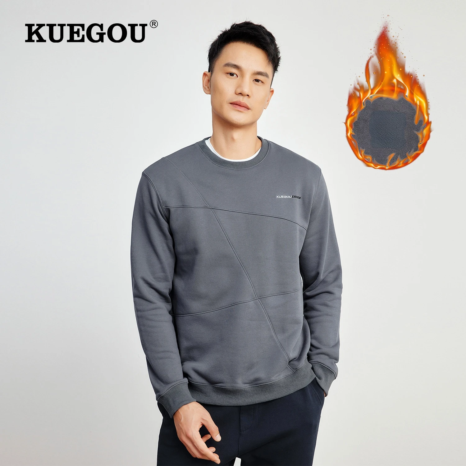 

KUEGOU 2022 Spring Cotton Plain Black Patchwor Sweatshirt Men Crewneck Slim Fashion For Male Streetwear Plus Size Clothing 60121