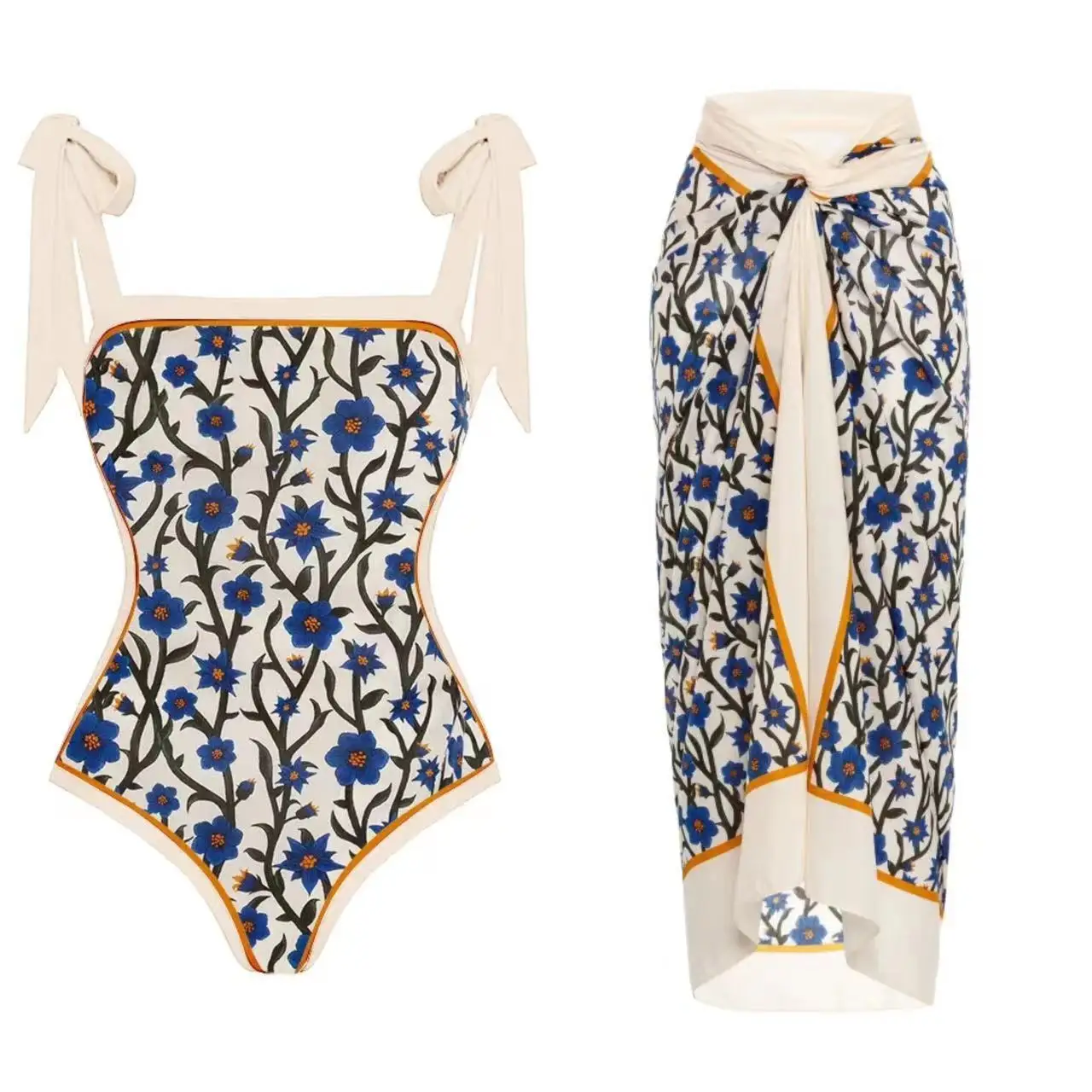 

Women Bikini Set Printed Vintage Swimwear One-Piece Swimsuit Two-Piece Set Sheer Skirt Bikini Set Cover Up Summer Beach Wear