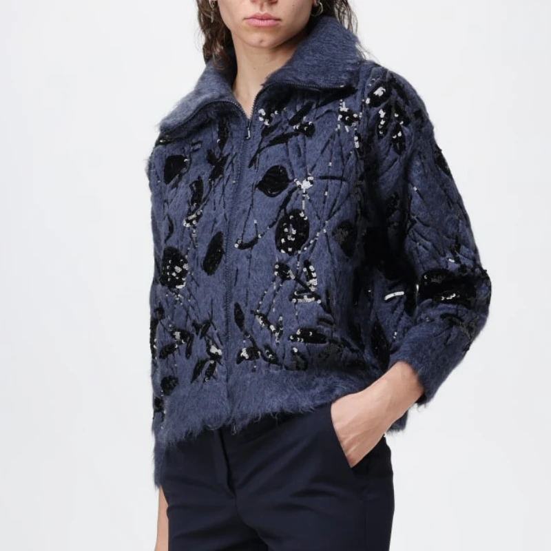 

Heavy Industry Sequined Mohair Jacket Zipper Stand Collar Floral Embroidery Knitted Brushed Women Cardigan