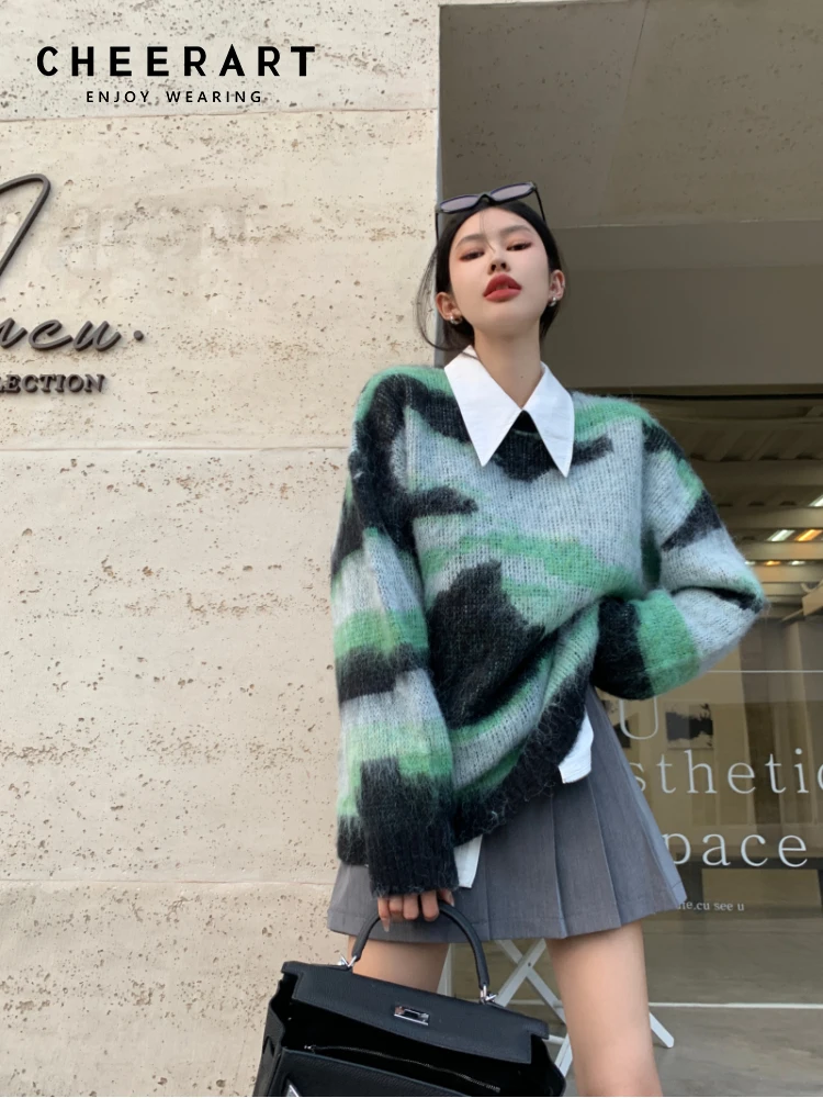 

CHEERART Tie Dye Fuzzy Oversized Sweater Women Mohair Baggy Pullover Winter Sweater Crewneck Knitted Jumper