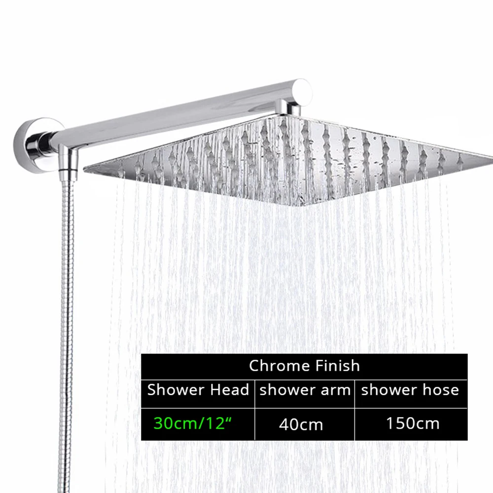 

Bright Chrome 8" Ultrathin Shower Head Brass 15" Shower Arm 59" Stainless Steel Hose Wall Mounted Rainfall Showerhead