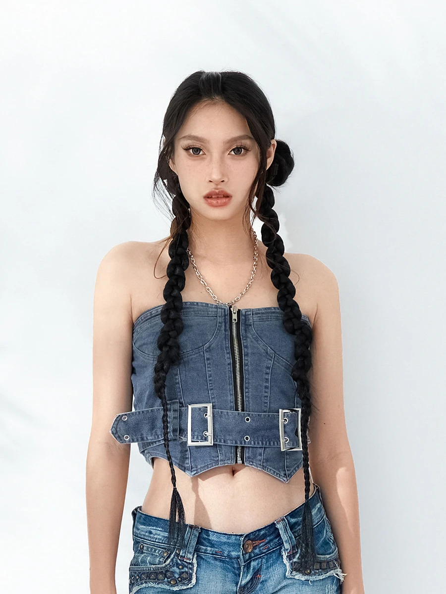 

Women's Denim Tube Tops Solid Color Vest Strapless Zip Up Slim Fit Bandeau Corset Buckle Belted Tops Streetwear