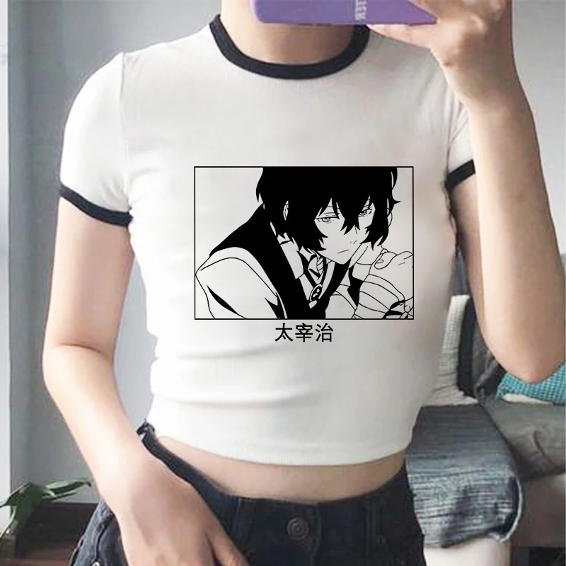 

Anime Bungou Stray Dogs Chuuya Nakahara Osamu Dazai Crop Top Cartoon T Shirt Women Tops Tee Summer Clothes Harajuku Streetwear