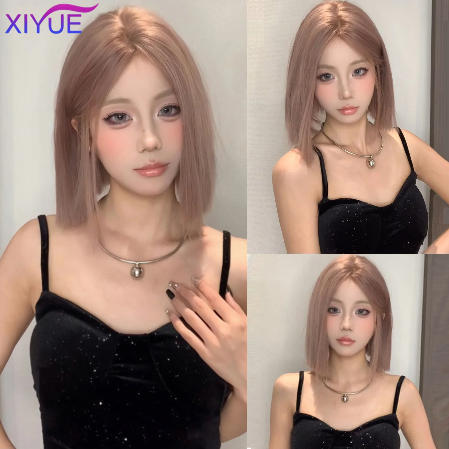 Серьезный Розово-серый Синтетический Парик Короткий Боб Плоский Верх С Челкой