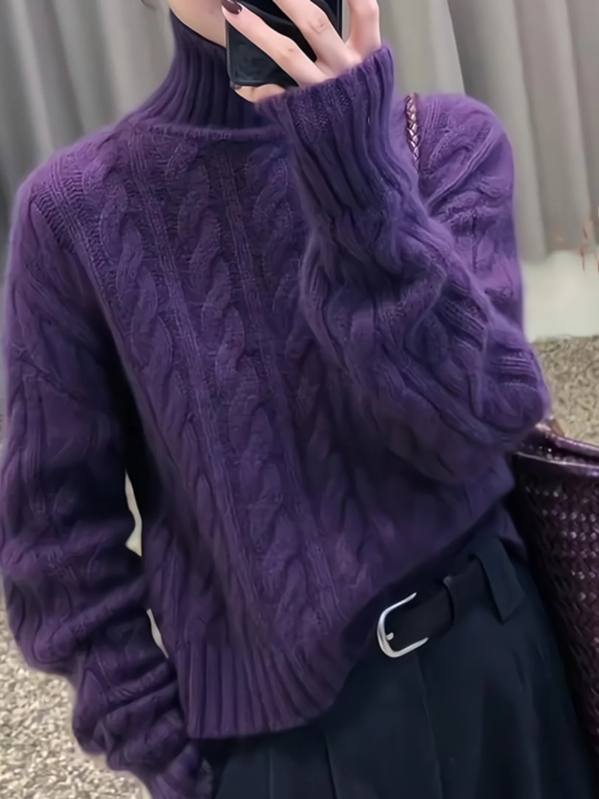Плюс размер водолазка с длинными рукавами фиолетовая новая женская осенняя мода