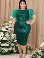 green sequins dresses o neck short ruffles sleeve glitter bodycon dress evening birthday cocktail party gowns large size outfits