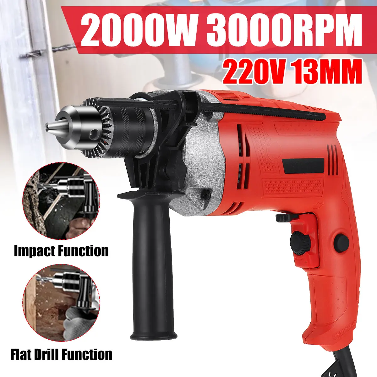 

2000W 3000RPM Electric Handheld Impact Drill Flat Drill Guns Hand Drills Torque Driver with Wrench Measuring Scale 220V