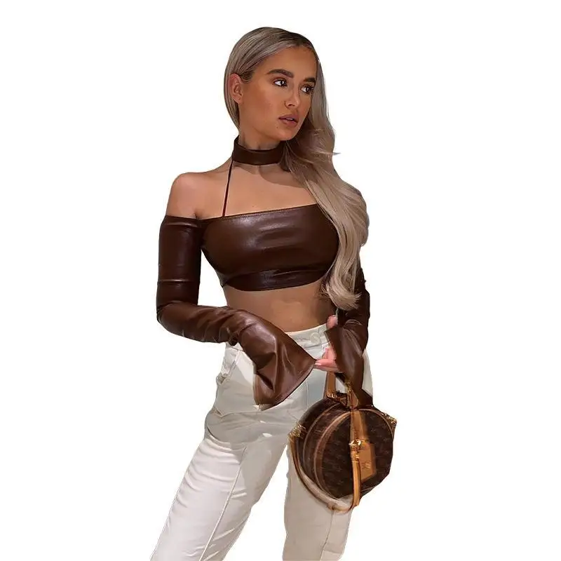 2022 Chaquetas Chaqueta Mujer Pu Leather Spring New Scarf Long-Sleeved Tail Split One-Shoulder Leather Top Women's Clothing