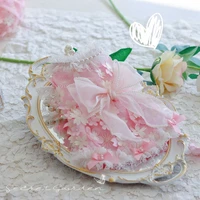 handmade dog clothes pet shirt dress fresh pink 3d sew flowers lace pearl collar tulle bow soft breathable beautiful one piece