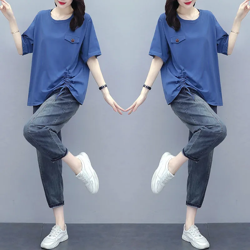 Женский Повседневный комплект из двух предметов белая черная свободная футболка