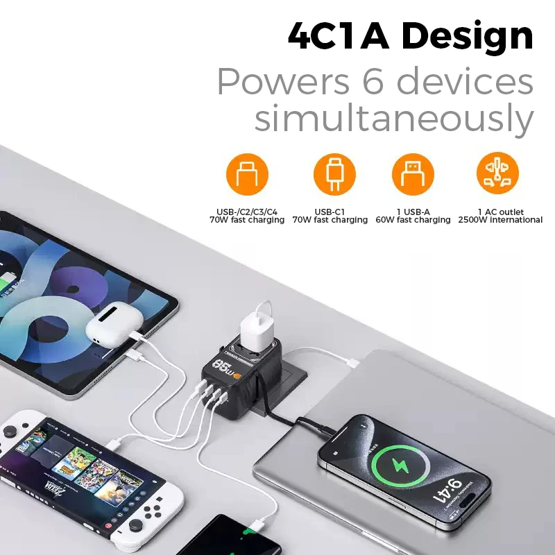 Фото Универсальный дорожный адаптер TESSAN 85W GaN с выдвижным кабелем USB C PD, быстрая зарядка, универсальное зарядное устройство для ЕС/Великобритании/США/Австралии №4