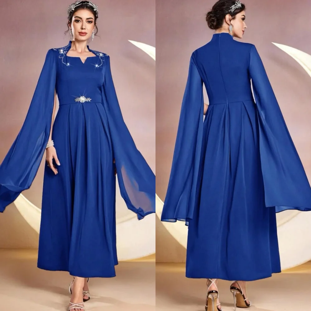 elska szyfonowa drapowana zakładka z koralikami świąteczna linia A kwadratowy kołnierzyk suknia midi na specjalne okazje