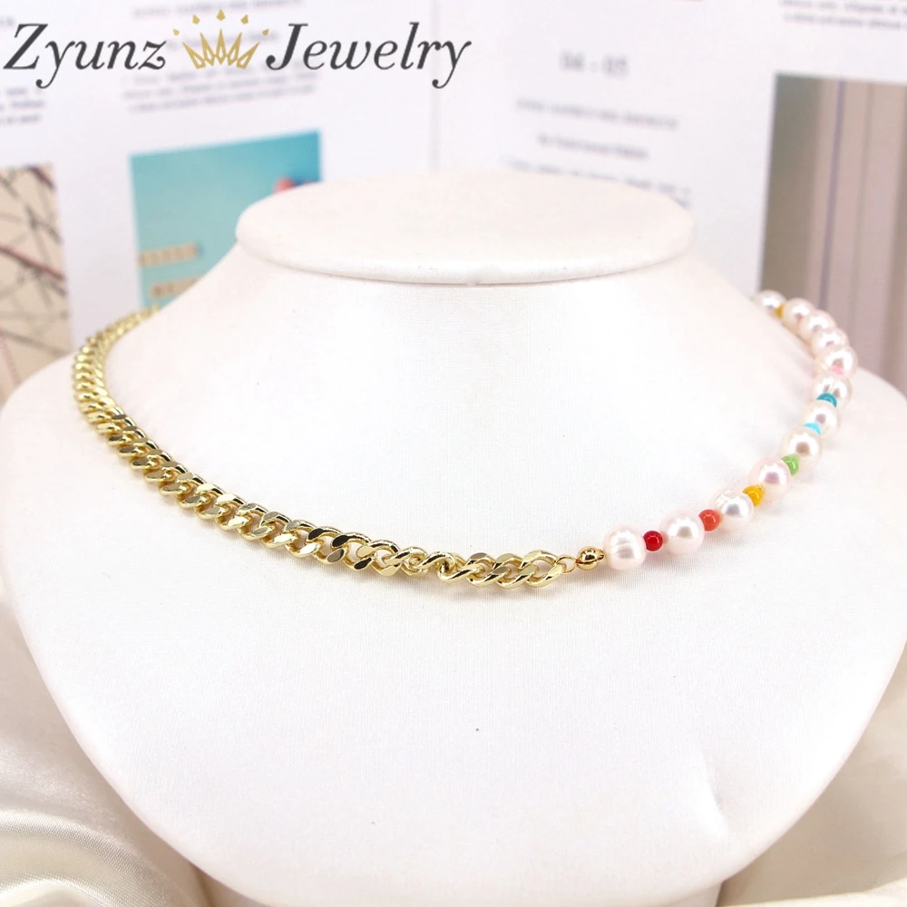 

3PCS, Half Pearl Half Chain Necklace, Rainbow Beaded Choker, Freshwater Pearl Necklace, Beach Choker Necklace