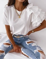 womens casual soild color office tops elegant women ruffle short sleeve t shirt 2022 summer new round neck simple tee ladies