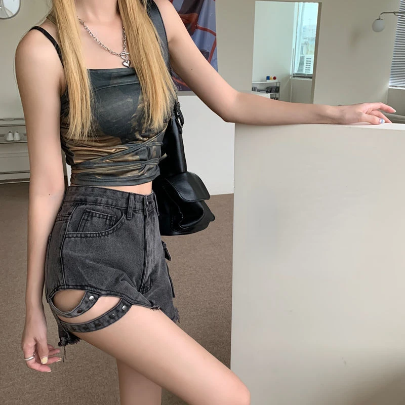 

Fashion Personality Patchwork Jeans Hip-hop Denim Shorts Women's Summer High Waisted Leisure Cargo Hot Pants Vintage Streetwear