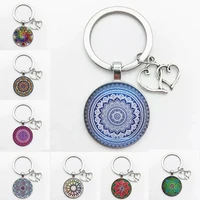 hot classic retro indian yoga mandala flower keychain buddhist chakra pattern key ring key ring chain glass cabochon henna jewel