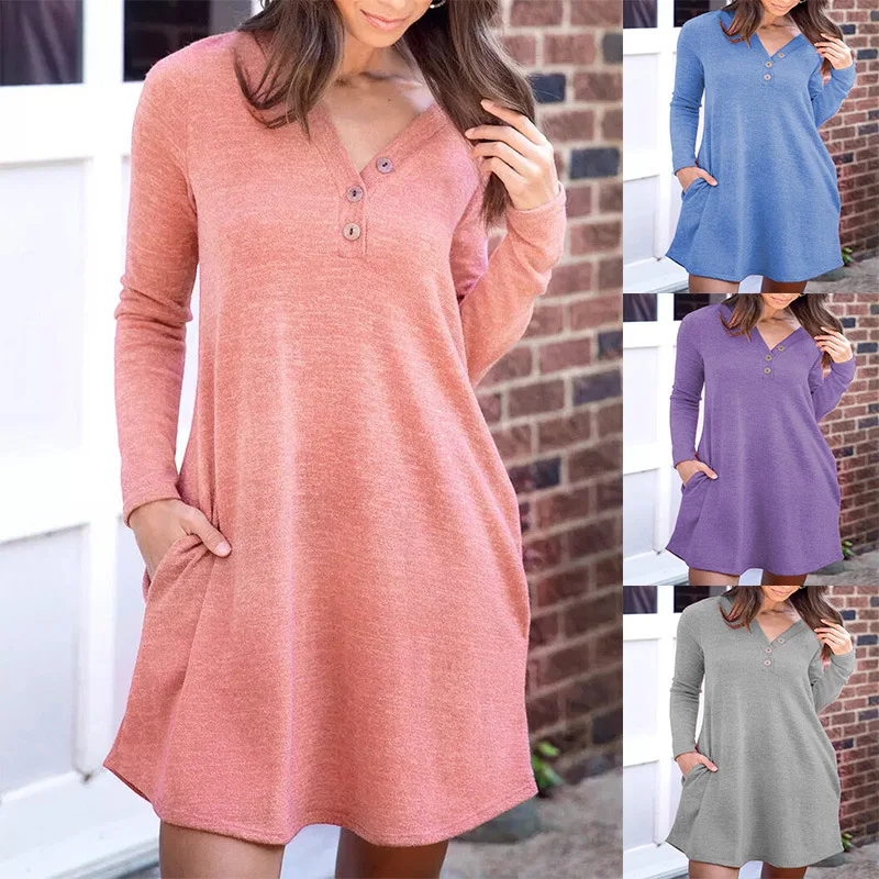 

Spring Autumn Sexy Deep V Neck Buttons Women's Mini Dress 2022 Casual Loose Solid Dress Long Sleeve Pocket Elegant Woman Dresses