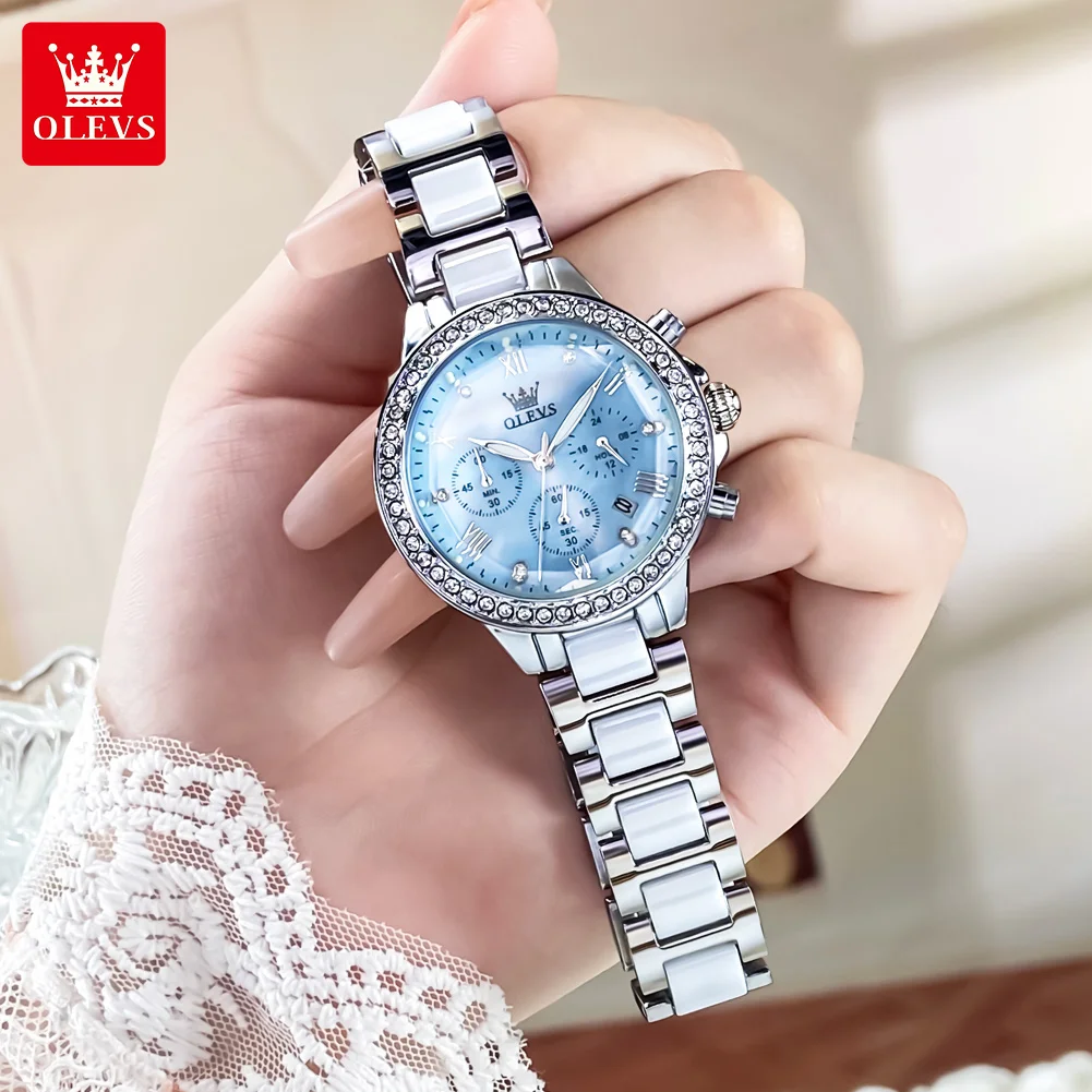 OLEVS Женские часы синие керамические дизайнерские элегантные модные с нотой