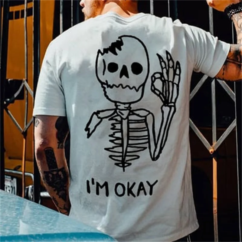 

2023 New 100% Cotton "I'M OK" letter skull Olde Men's Novelty T-Shirt Tee Streetwear Women Casual Harajuku tops clothing