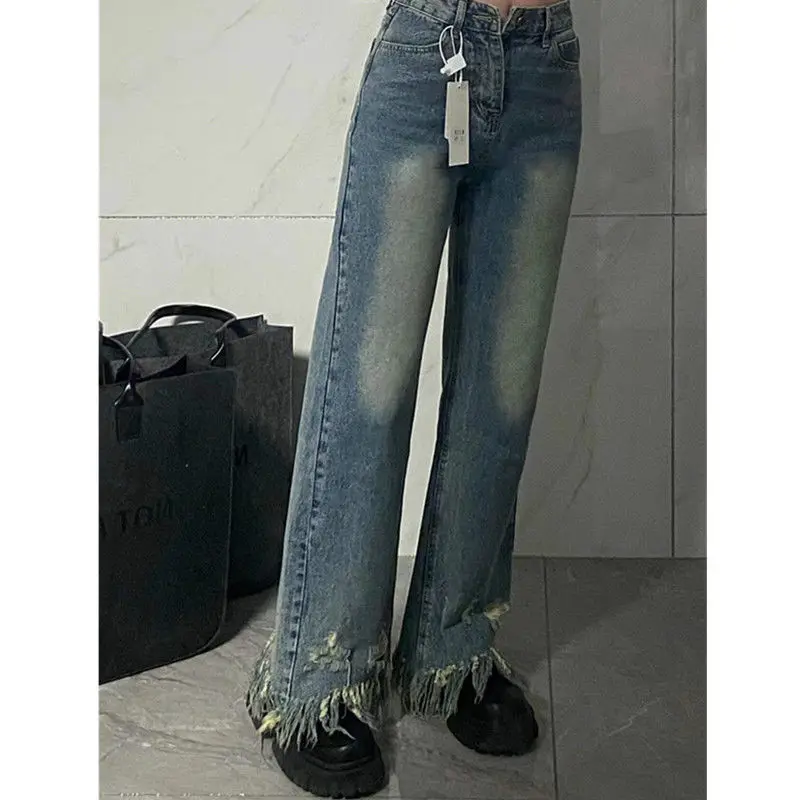 

2022 High Street Ripped blue Wide Leg Jeans women's Fur-trimmed, high-waisted, loose, straight leg pants ripped jeans for women