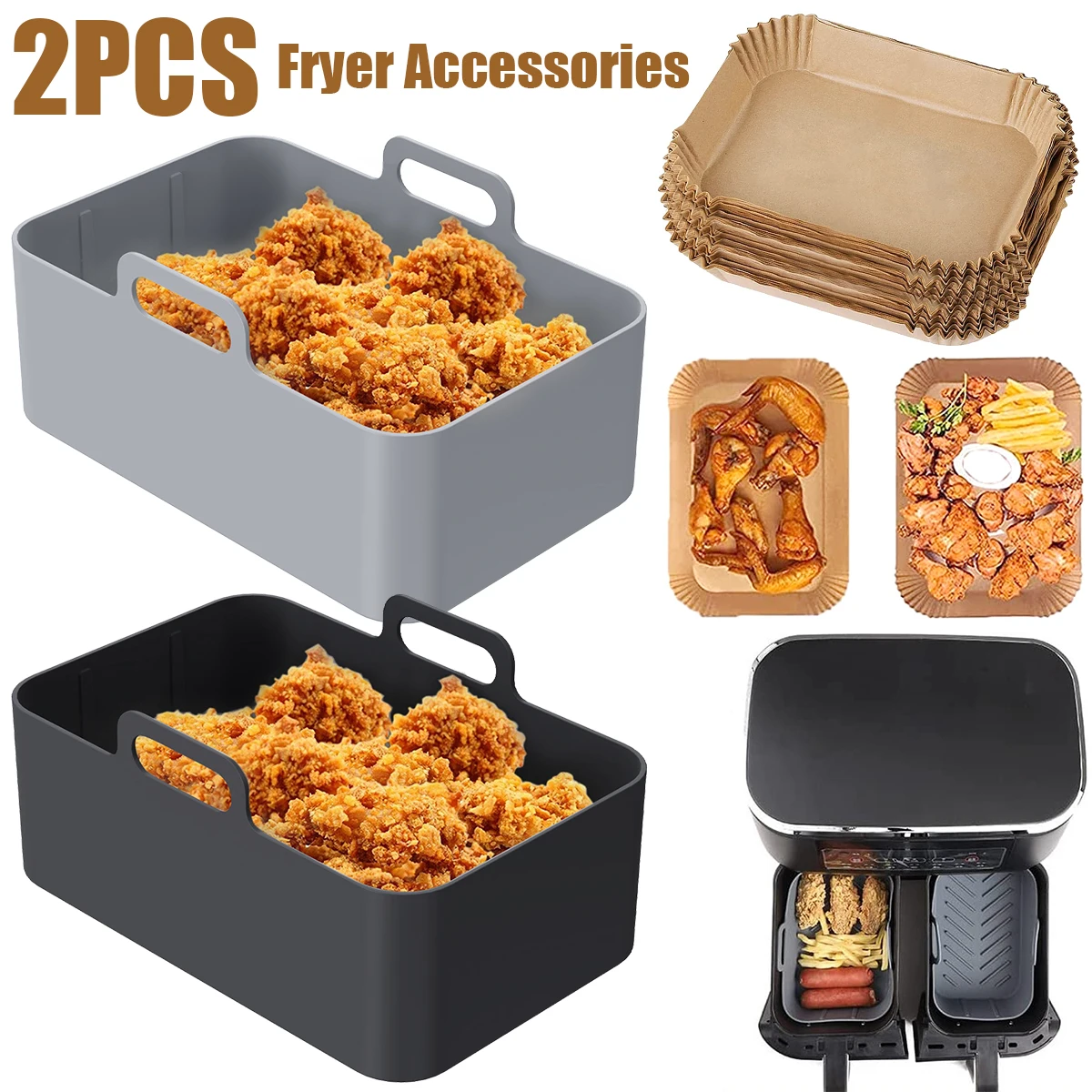 

2Pcs Air Fryer Silicone Liner with 50 Paper Liners Reusable Rectangular Silicone Air Fryer Basket Nonstick Silicone Air Fryer
