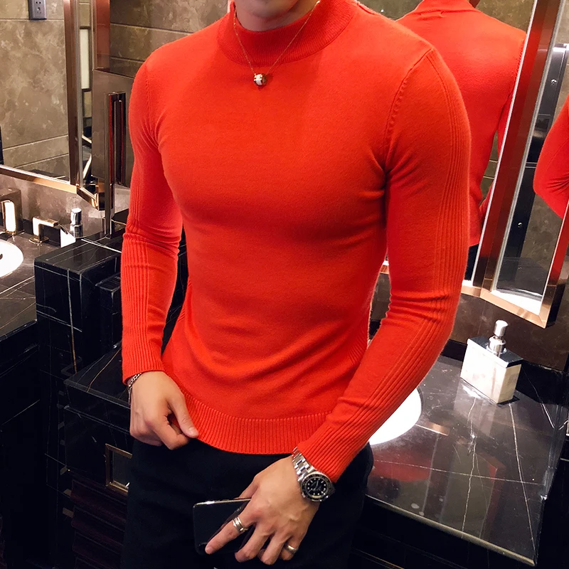 2022 Men's Fall Winter Fashion Long Sleeve Knit Sweater Simple Solid Color Slim Casual High Neck Streetwear