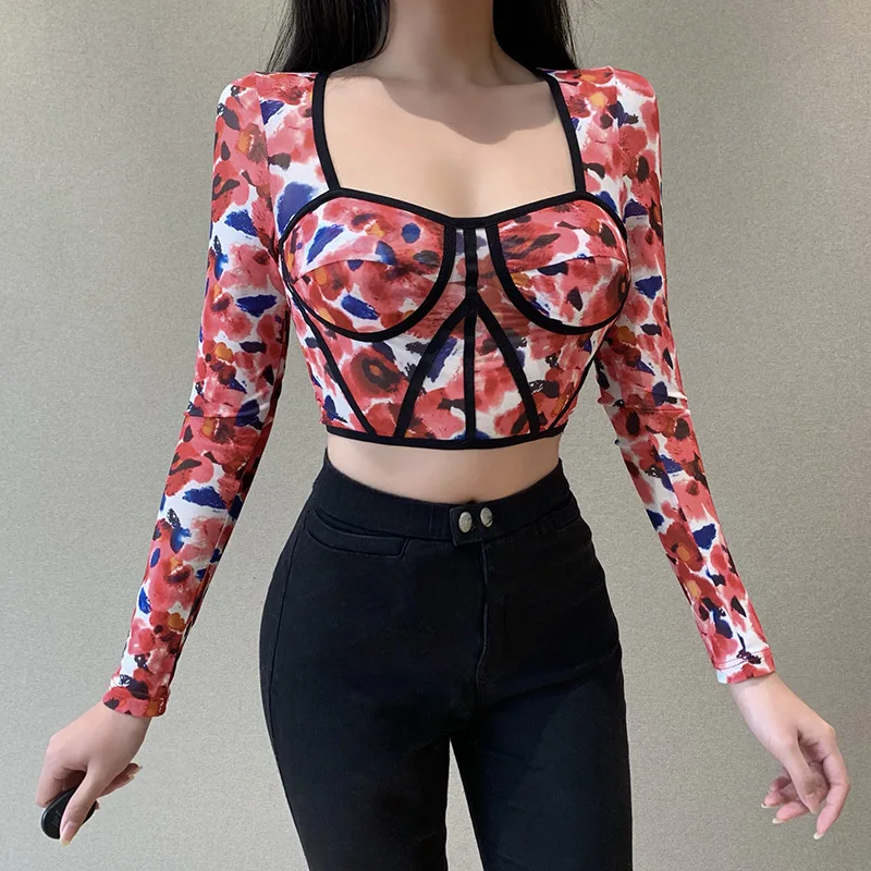 

Ladies Spring Clothes Personalized Slim Show Chest Short Long Sleeve T-shirt Clothes Women Floral Print Square Neck Short Top