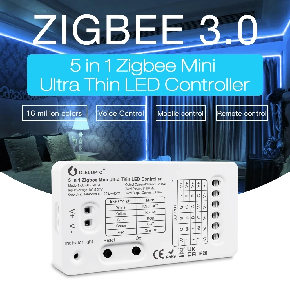 

GL-C-002P 5in1 Zigbee Controller Dimmer DC5-24V APP/Voice/RF Remote Control For RGB+CCT/RGBW/RGB/CCT/Single Color LED Strip Lamp