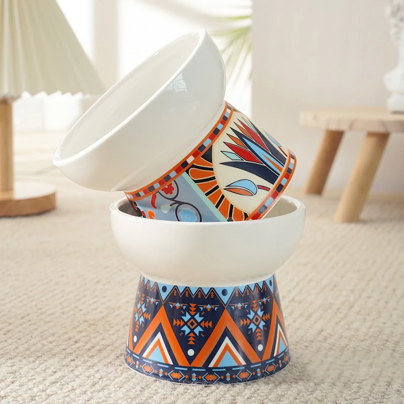 

Cat Bohemian Ceramic Bowl Elevated Small Dog Food Water Feeders Pet Large Capacity Drinking Eating Feeding Bowl