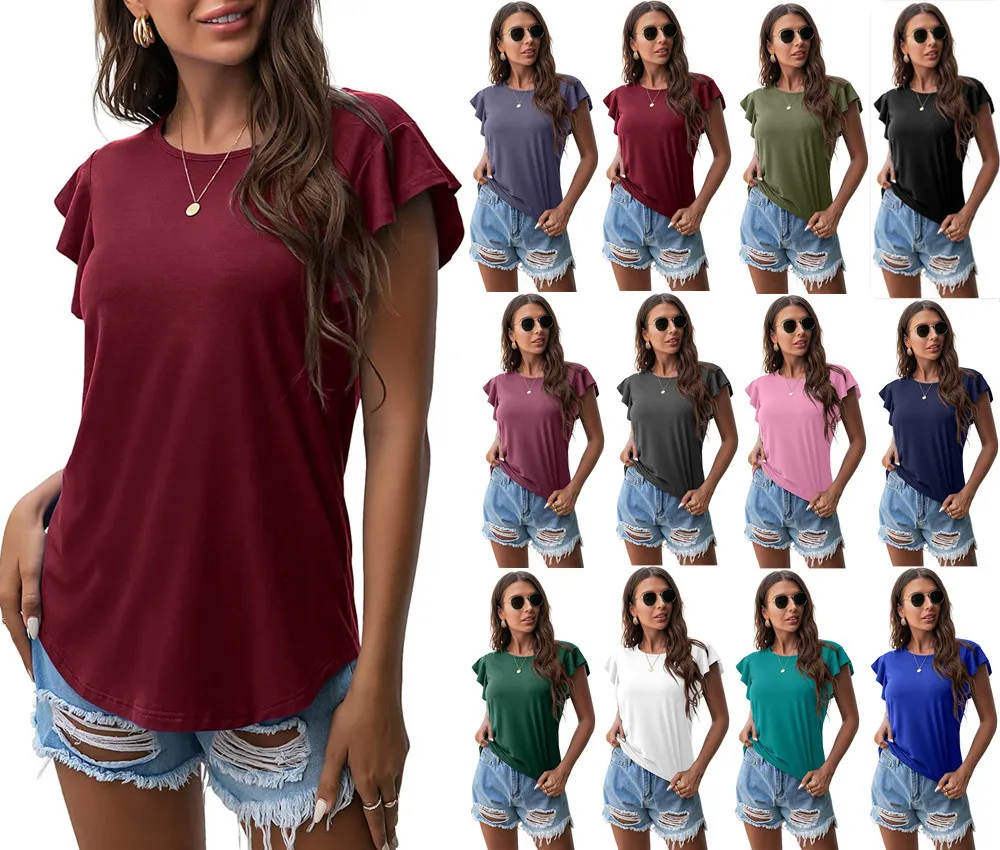 

Europe and the United States fashion 2022 new women's solid color tops round neck lotus leaf loose short-sleeved T-shirt women